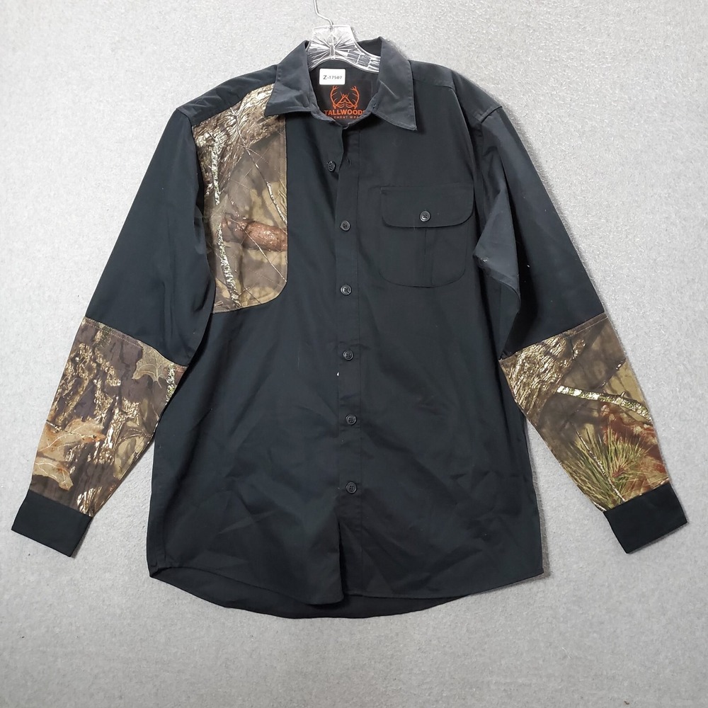 Tallwoods Men Button Up Shirt Medium Black Camo Outdoor Hunting Fishing